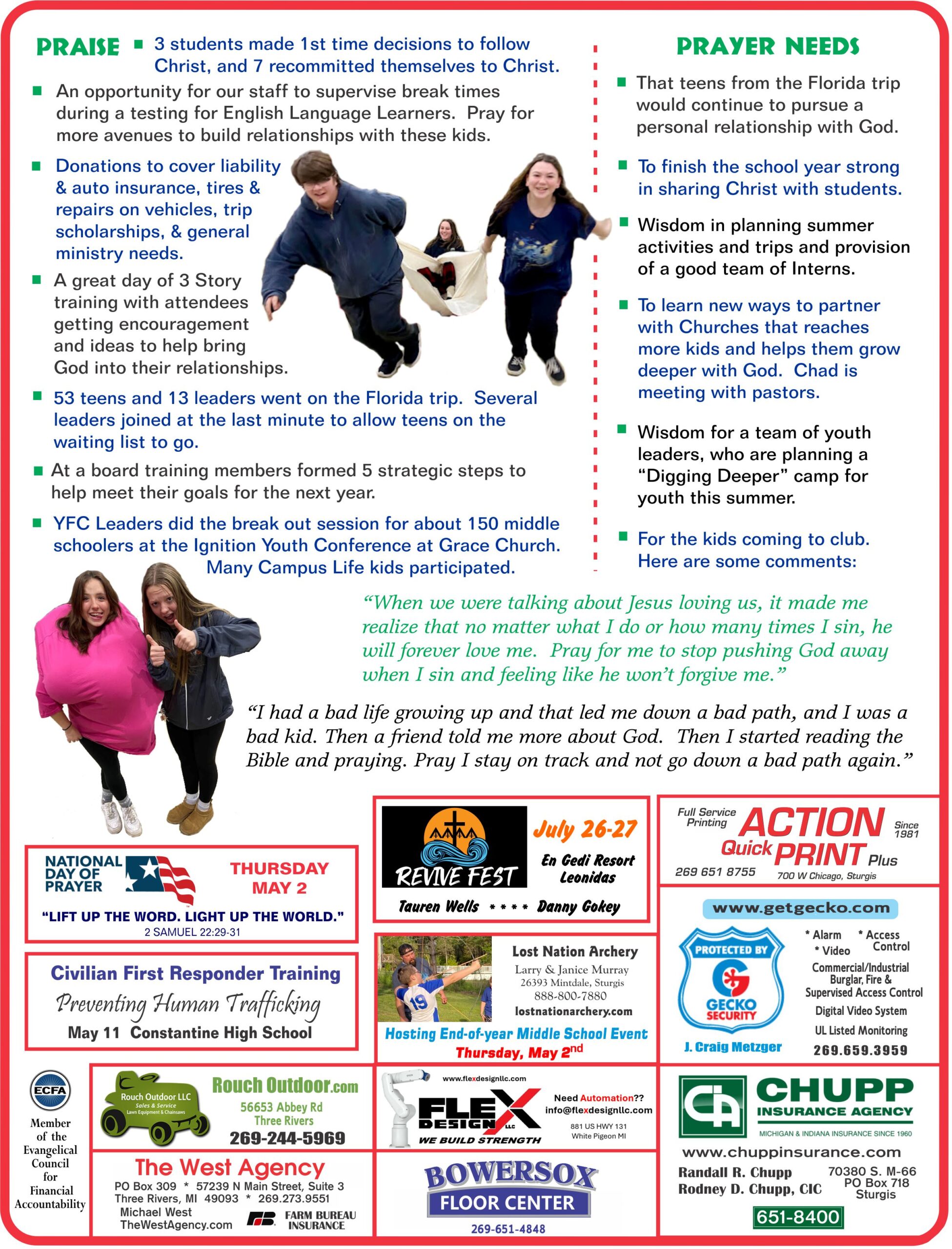 Back Page for April 2024 Youth For Christ Newsletter