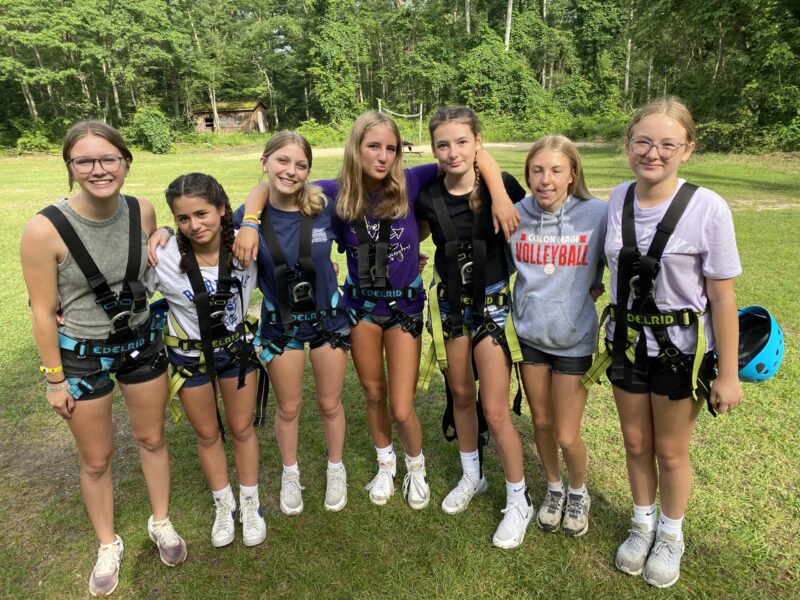 Group of girls with rock climbing equipment on